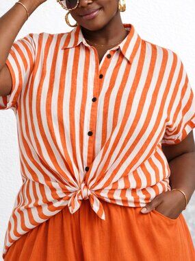 Sonoma Linen Blend 3X Orange White Stripe Button Front Camp Shirt